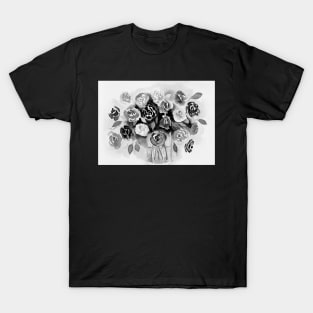 Loose Roses Still Life in Black and White T-Shirt